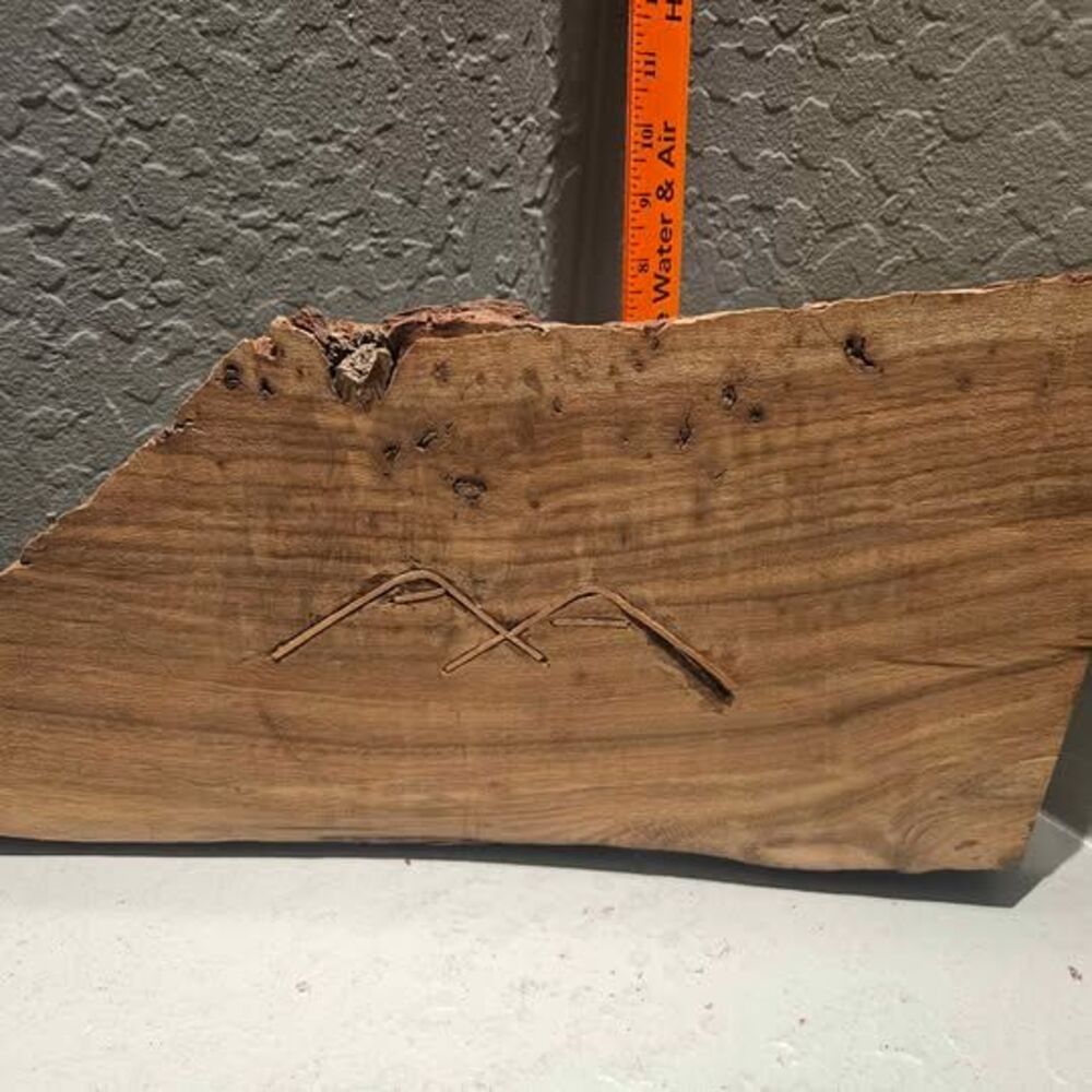 Raw Edge Carved Wood Slab with Copper Mountains Inlay 17" x 7"